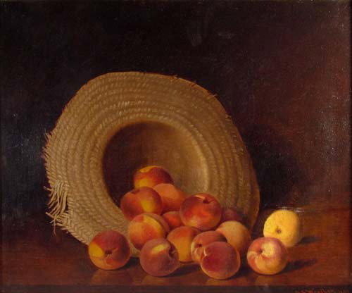 Austin Wooster Still Life of Peaches in Straw Hat: Artist: Wooster, Austin Title: Peaches Falling from a Straw Hat Date: 1894 Medium: oil on canvas, relined Dimensions: 20 x 24 inches Signature: Signed and dated lower right