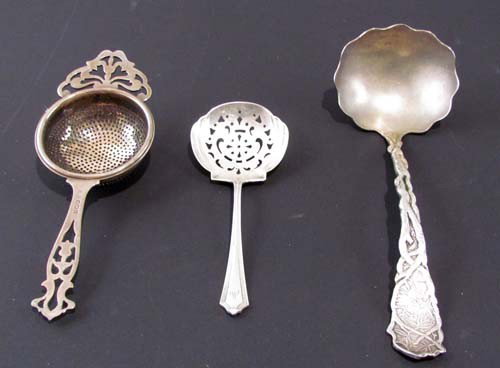 3 pcs Sterling serving utensils: Sterling tea strainer, small slotted spoon, and silverplate ladle sterling 1.69 ozt.