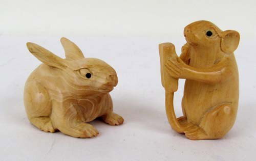 2 Rosewood netsuke: Title: 2 hand carved Rosewood netsuke of a mouse and a rabbit Medium: rosewood Dimensions: 1.75x0.75x1.25 inches; 1.5x2.875x1.25 inches