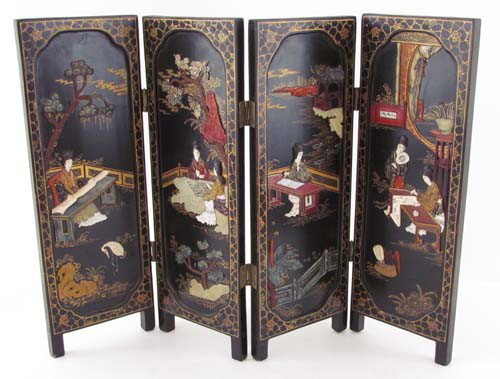 Two Asian painted table screens: Artist: Chinese or Japanese Title: Two Asian table screens, one with embellishments of nacre, agate, and ivory, one with carved landscape scenes Medium: wood, with agate, ivory, and nacre embellishmen