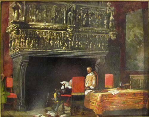 a 19th Century ptg. Man Reading by The Great Heart: Artist: 19th Century Continental School Title: Man Reading by The Great Hearth Date: 19th Century Medium: oil on artist's board Dimensions: 8.75 x 11 inches Signature: unsigned but inscribed