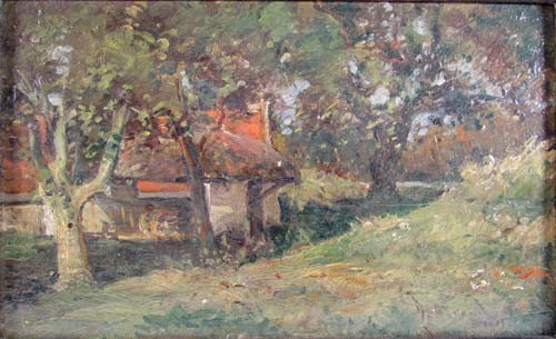 G. Durand 1905 Impressionist Landscape with Red Ro: Artist: Attributed to Durand, Gustave (French 1863-1938) also possibly by George Durand a.k.a. George Woodman a mid 19th Century American Artist Title: Impressionist Landscape with Red Roof House Date