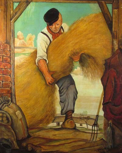 Emile Ridelle ptg. On board "Farmer Pitching Hay: Artist: Ridelle, Emile (20th Century European School) Title: Belgian Farmer Pitching Hay Date: 1947 Medium: oil on board Dimensions: 24 x 20 inches Signature: signed and dated lower right E. Ri