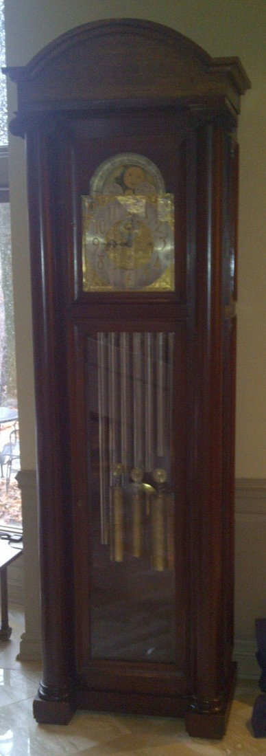 Herschede Hall Clock mahogany TALL-CASE CLOCK: Artist: Herschede Hall Clock Co., first half-20th century; retailed by Hennegen-Bates Co., Baltimore, MD, Title: American Classical revival Style Tall Case Clock with tall engaged columns Medium: maho