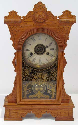 Oak "JUDGE" William L Gilbert Clock: Title: William L Gilbert Shelf clock with etched pattern front glass and brass pendulum Dimensions: 20 x 12 x 4 inches