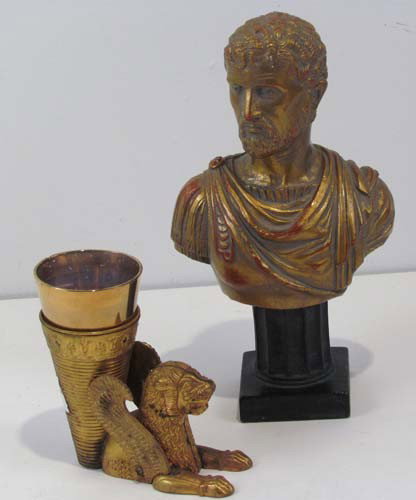 Egyptian Revival small vase and Augustan Roman Bus: Title: Egyptian Revival small oil lamp or Vase and painted plaster roman bust Medium: brass, glass, and painted plaster Dimensions: Bust 10.5 inches tall