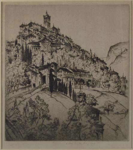 John Taylor Arms- ''Il Sacro Monte, Varese'' etchi: Artist: Arms, John Taylor (American 1887-1953) Title: "Il Sacro Monte, Varese'' (Fletcher #191) Date: 1927 Medium: etching on paper Dimensions: 8 x 7 1/4 inches Edition: regular edition of 113,