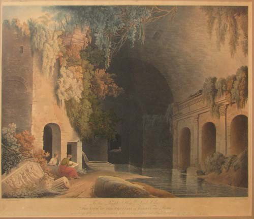 Pair of Handcolored Engravings after Robert Freeba: Artist: Freebairn, After Robert (English 1765 - 1808) Title: The Fountain of Egeria; Mecenas Villa at Tivoli Medium: handcolored engravings Dimensions: 17 x 22.5 inches each Frame Type: gold wood