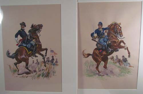 2 watercolors Union Calvary on Horseback: Artist: illustrations based upon Matthew Brady Title: Civil War Union Calvary on Horseback Medium: watercolor and gouache Dimensions: 12.5 x 11.75 inches Signature: apparently unsigned