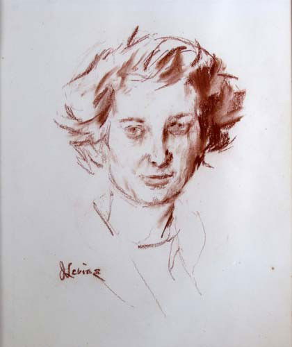 Jack Levine drawing of a Woman: Artist: Levine, Jack (American, 1915-2010) Title: Portrait of a Woman Medium: conte crayon Dimensions: 13.5 x 9.5 inches Signature: Signed J levine lower left Frame Type: gold wood Frame