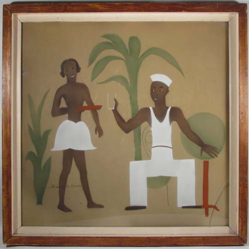 Frederick Ricardo Art Deco spray painting: Artist: Ricardo, Frederick Title: Sailor with Serving Girl Medium: spray painted with template Dimensions: 22.25x22.5 inches Description: charming picture of sailor with serving girl Signature: