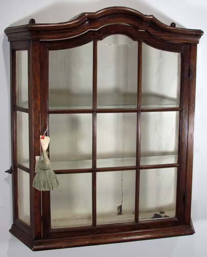 Wall Hanging Wood and Glass Cabinet: Title: Wall Hanging Wood and Glass Cabinet with two glass shelves, interior lighting Medium: wood, ripple glass Dimension: 39 x 35 x 10 inches Provenance: Hammel-Smith estate 1985 from Litchfield, CT 
