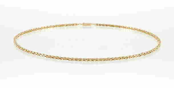 14K Gold Byzantine Chain Necklace: 14K yellow gold Byzantine chain necklace. Measures 20" in length, 1/8" wide, finished with a hidden box clasp and hinged figure 8 safety. Marked "14K Italy Und-A-Erre Aurea Breve.". Approx. 28.1 grams