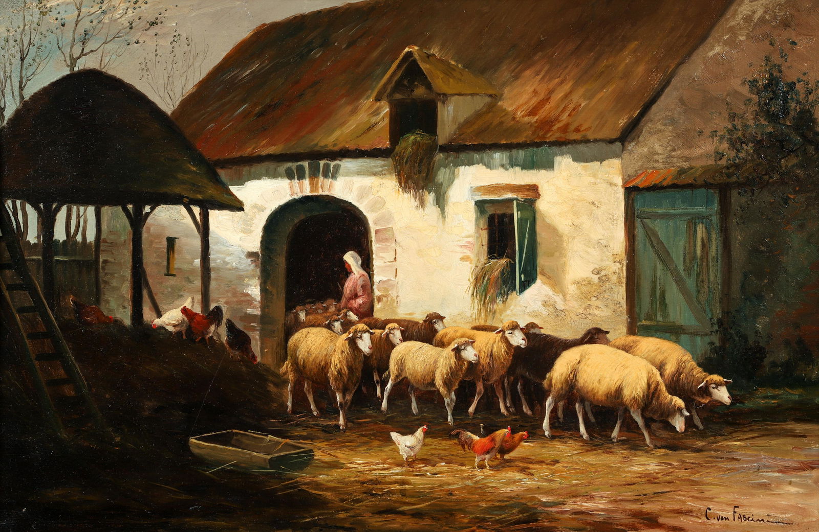 C. von Fascini oil Barnyard Scene with Sheep and Fowl (1 of 4)