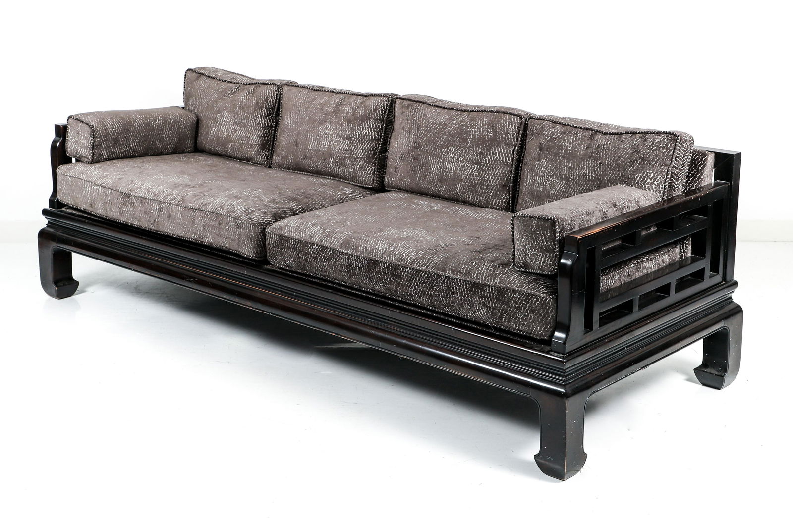 Manner of Michael Taylor for Baker Ming Style Sofa: A dark brown tortoise shell finish sofa in the manner of Michael Taylor for Baker, likely Century Furniture, borrowing design elements from the Ming period. Mid to late 20th century production. Reupho