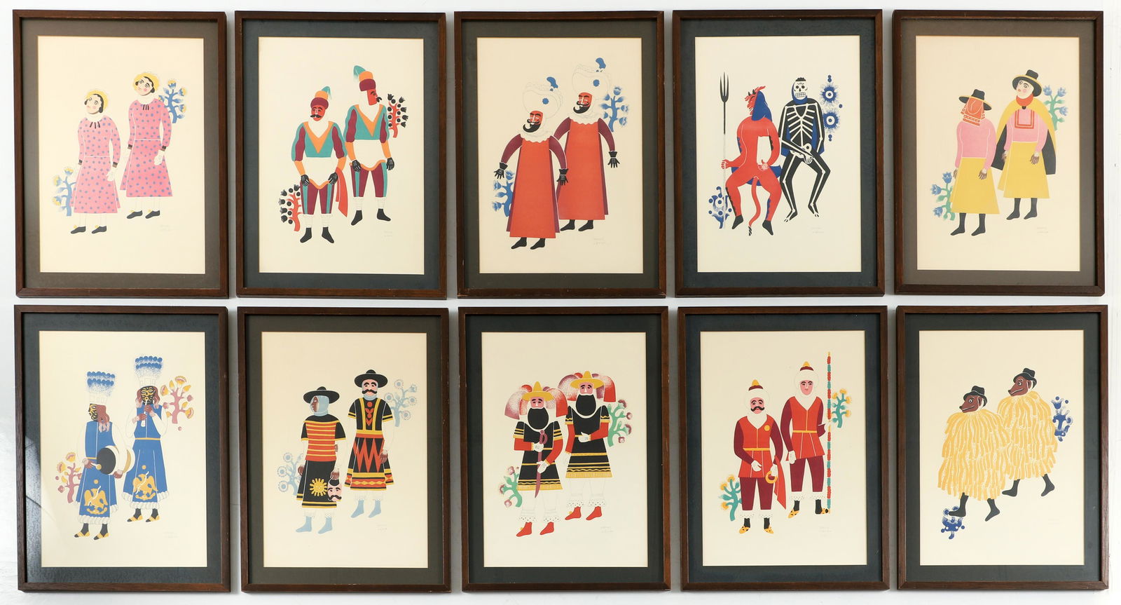 Set of 10 Carlos Merida Carnival in Mexico Signed Prints: Merida, Carlos (Mexico/Guatemala, 1891-1984), 10 prints from the Carnival in Mexico portfolio, 1940, color lithographs, number in series stamped verso, signed at front in pencil, full sheet 17.5 x 12.