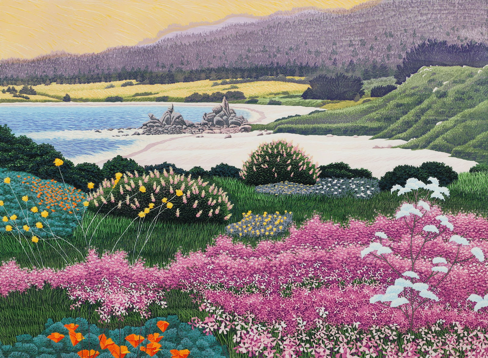 Gordon Mortensen March Carmel 2009 Reduction Woodcut: Mortensen, Gordon (American, b.1938), March, Carmel, 2009, color reduction woodcut on paper, signed, titled, dated and numbered 29/100 lower margin, image 22 x 30 inches, in gilt frame 31 x 38.5 inche