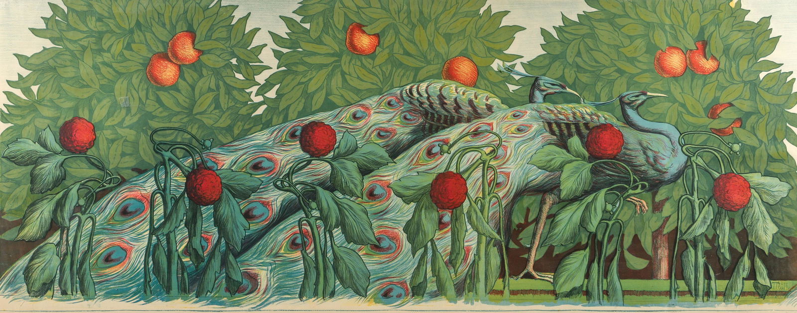 Alfred Muller 1899 Art Nouveau Peacocks lithograph poster: Muller, Afred (Alfredo) (French/Italian, 1869-1939), Peacocks, 1899, color lithograph on wove paper, image 25.25 x 55 inches, sheet 26 x 62.5 inches (sight size), signed in the plate lower right, fram