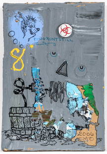 William T. Wiley Mixed Media Painting 2006: Wiley, William T. (American, 1937-2021), Pung Runt's Till, 2006, mixed media with oil, ink and button on cardboard, signed and dated lower right, additionally inscribed on the reverse to fellow artist