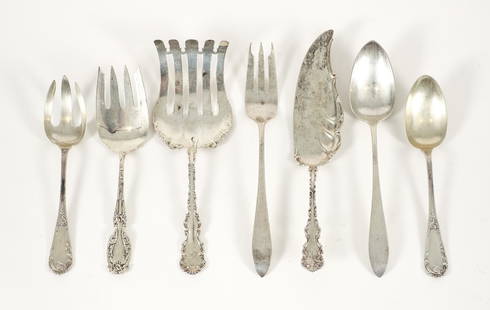 Group of 7 Various Sterling Silver Serving Pieces: Group of 7 Various Sterling Silver Serving Pieces , Including: Old Newbury Crafters salad serving set, C Preusser J. Co. salad serving set, 1 Alvin monogrammed serving fork, 1 Louis XV by Whiting fish