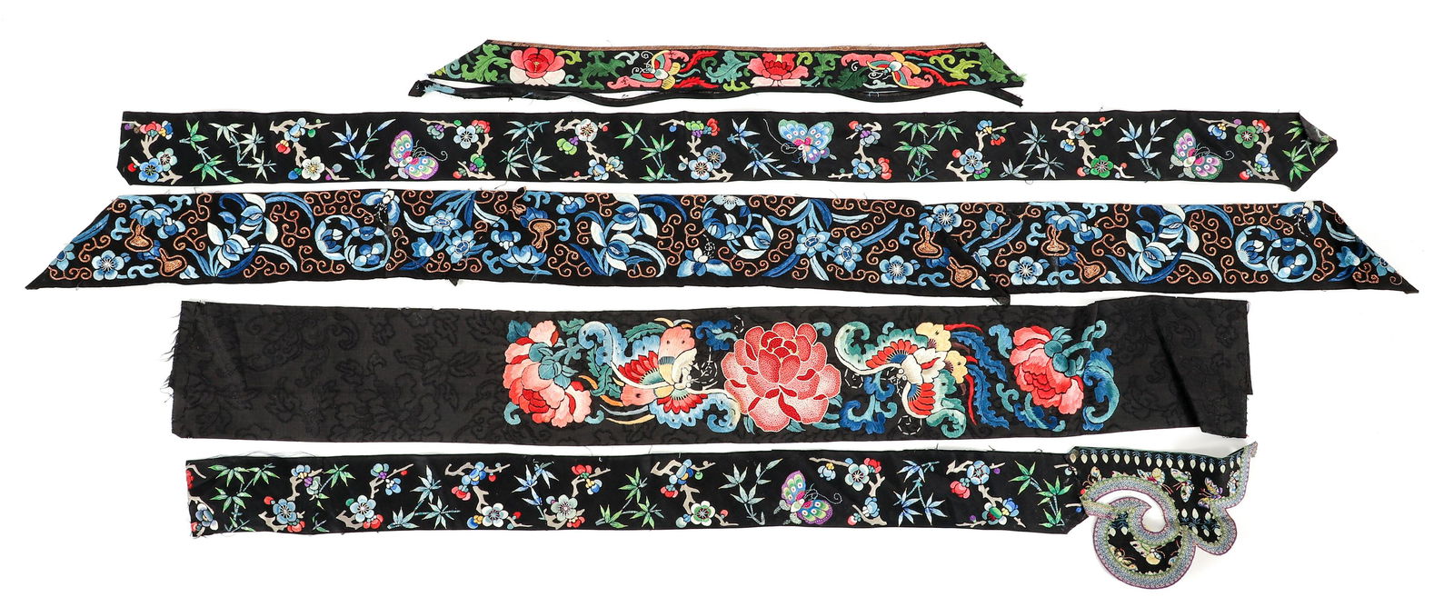 Group of Five Chinese Silk Embroidered Panels (1 of 6)