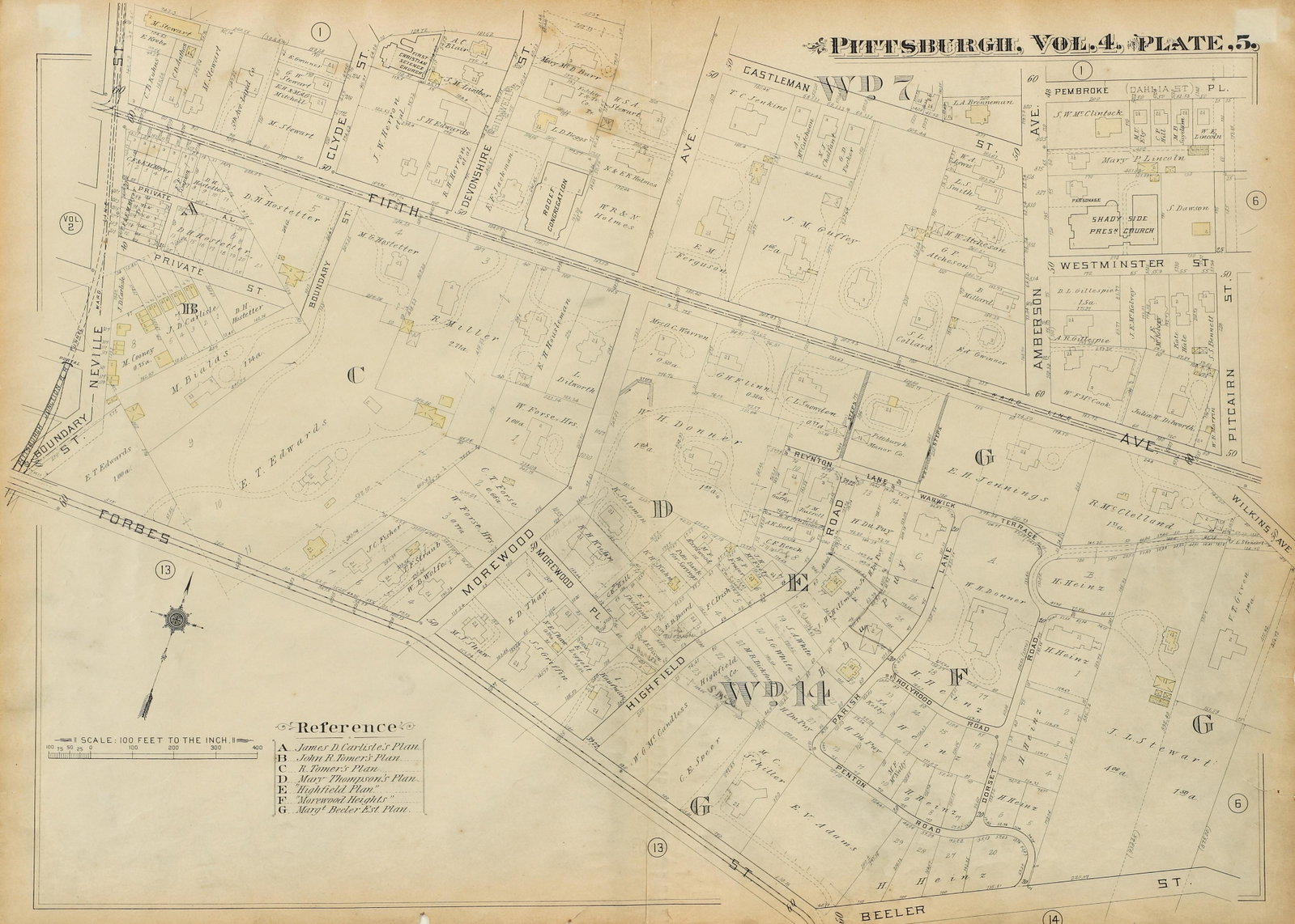 Pittsburgh Plat Map Shadyside Fifth and Forbes: Plat Map of the Shadyside neighborhood of Pittsburgh, showing the area between the intersections of Forbes and Neville and Fifth and Wilkins, c.1910, a few hand-colored lots in yellow, 22.5 x 32 inche