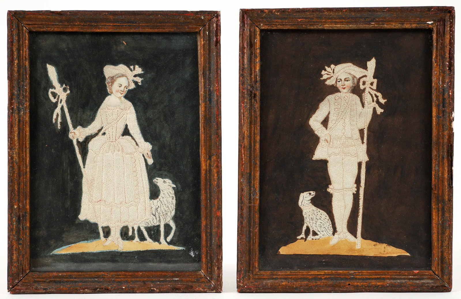Pr Pin Prick and Watercolor Shephard and Shepherdess: A pair of 19th century pin prick and watercolors on paper depicting a shepherd and shepherdess, unsigned. Images 8.75 x 6.25 inches, in painted wooden frames 10 x 7.5 inches.