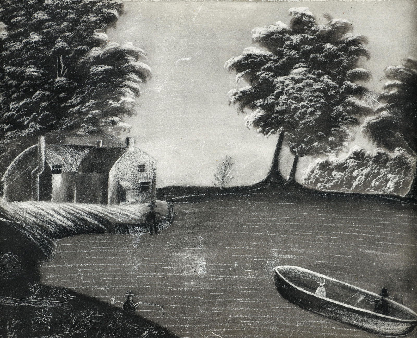 American Folk Art Charcoal on Sandpaper Lakeside Inn (1 of 3)