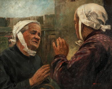 Richard Geiger Two Village Women early 20th cent Oil: Geiger, Richard (Austrian, 1870-1945), Two Village Women, early 20th century, oil on canvas, signed Geiger R. lower right, 16 x 20 inches, in a gilt wood frame 20.5 x 24.5 inches. Provenance: J. J. Gi