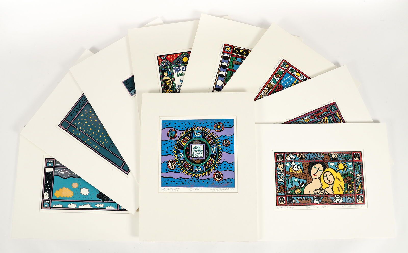 Group of Nine Mary Hamilton Linocuts The Creation (1 of 12)