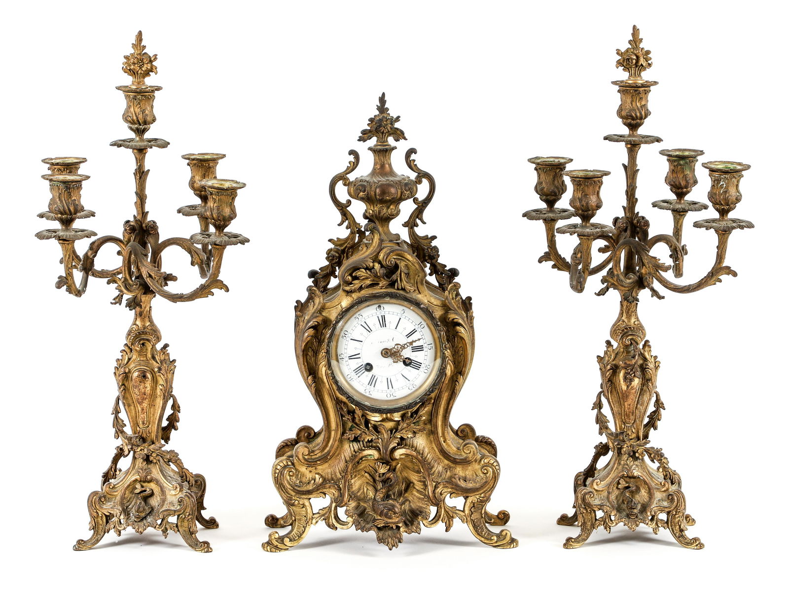 Tiffany & Co. Three Piece Bronze Dore Clock Garniture (1 of 10)
