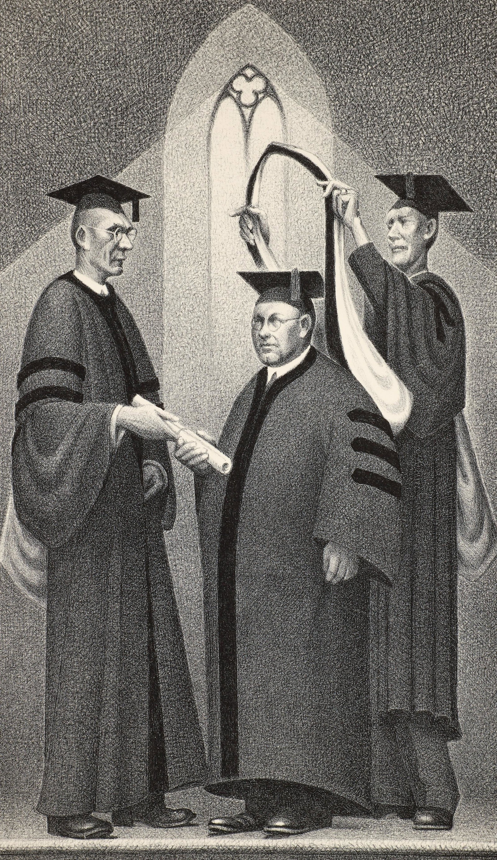 Grant Wood 1938 orig litho Honorary Degree: Wood, Grant (American, 1891-1942), Honorary Degree, 1938 (Cole #4), lithograph, 11.875 x 6.875 inches, pencil signed lower right margin, a strongly impression from the edition of 250 Published by Asso