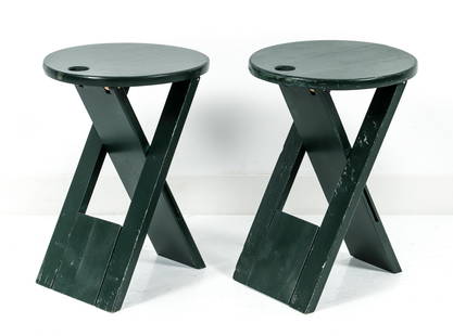 Pair of Roger Tallon for Sentou TS Folding Stools: A pair of Roger Tallon for Sentou TS folding stools, oak with green finish, France, 1970s. Folded 26 x 11.5 inches, opened 16.5 x 12 inches.