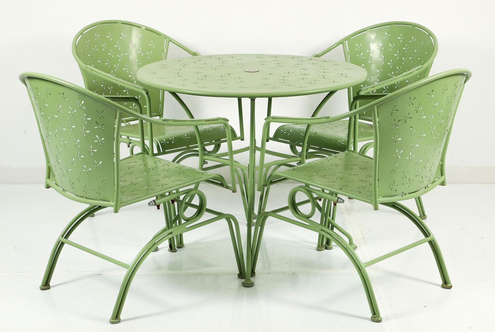 Pierced Floral Motif Green Patio Table And Chairs Auction
