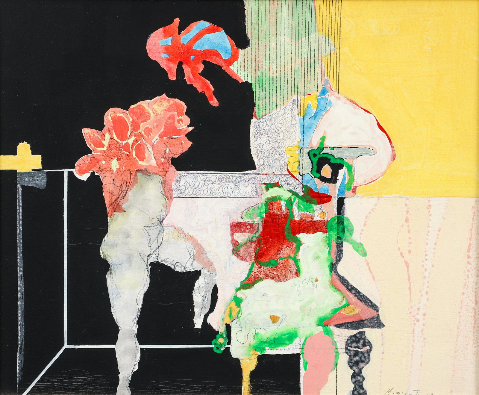 Moshe Givati 1969 mixed media on canvas Untitled Figures: Givati, Moshe (Israeli, 1934-2012), Untitled Figures, 1969, mixed media on canvas, 15 x 18 inches, signed and dated lower right, with a period frame measuring 20 x 23 inches, Provenance: Purchased in 