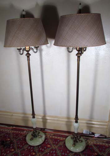 Two Floor Lamps with bronze finish: Title: Two Floor Lamps with bronze finish and green onyx base, fitted with parchment shades Medium: onyx, bronze finish Dimensions: 66 x 11 x 11 inches Provenance: The Estate of Joseph and Edith Trees