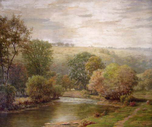 E. A. Poole Summer Landscape painting: Artist: Poole, Eugene Alonzo (American, Western Pa. 1841-1912) Title: Summer Landscape with Stream Date: 1912 Medium: oil on canvas Dimensions: 25 x 30 inches Description: painted in Poole's fi