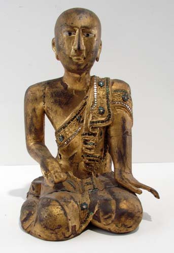 Gilded and polychromed wood Buddha: Title: Seated Buddha modeled in relief with inset with turquoise colored glass beads Date: 18th or 19th Century Medium: freestanding polychromed and gilded wood sculpture with inset glass beadwork Dim