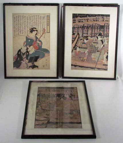 3 Yeizan Kikugawa Japanese woodblock prints: Artist: YEIZAN (Kikugawa)(Japanese 1807-1864) Title: Star Gazing Celebration at Edo with The Singing Lesson Date: circa 1820's Medium: color woodblock prints Dimensions: 14.5 x 9.75 each Signature: