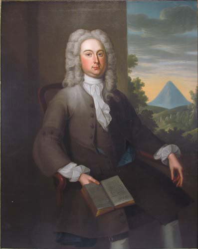 British Grand Manner Portrait of Gentleman with Bo: Artist: British School, Grand Manner in the style of John Wootten or other late 18th or early 19th Century British Portrait School Title: Portrait of a Gentleman with Book and Landscape Beyond Window