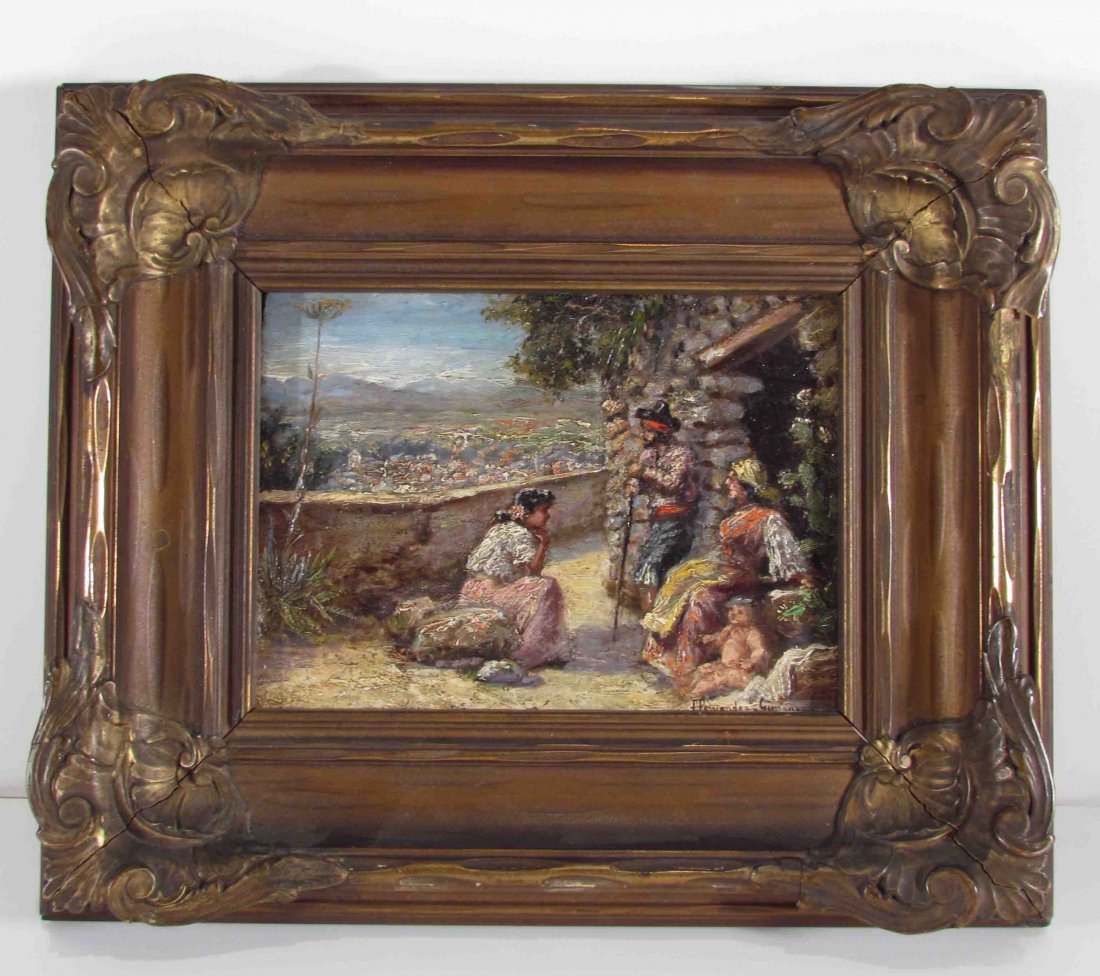 Federico Jimenez y Fernandez "Family on Terrace" p: Artist: Fernandez, Federico Jimenez y (Spanish 1841-1873) Title: Family on Terrace overlooking Town Vista Date: n.d. Medium: oil on board Dimensions: 6.5 x 9 inches Description: A family rests