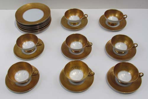Tirschenreuth Bavarian gilt porcelain Desert Set: Artist: Tirschenreuth Bavarian Company Title: 24 piece Tirschenreuth Bavarian gilt porcelain Desert Set Medium: gilded porcelain Dimensions: cups 2.25 inches tall; saucers 6 inches in diameter; desert