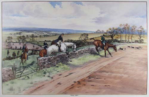 Spode Copeland hunt scene plaques after Edwards: Title: "Full Cry" and "Off to Draw," decorated Spode Copeland hunt scene plaques in original oak frames after Lionel Edwards, British 1878-1966, Date: circa 1920 Medium: glazed ceramic plaques Dimens