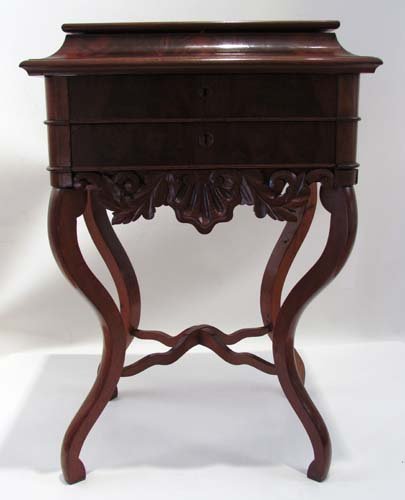Mahogany 2 drawer sewing stand poss. Belter: Title: Mahogany 2 drawer sewing stand with interesting grain with lidded top and crossed stretchers Medium: mahogany Dimensions: 32 x 21.5 x 16.5 inches