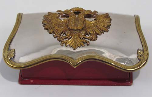 gilded Imperial Austrian Eagle decorated Military : Title: Austrian Military Keepsake Box of chrome and gilded metal with detachable brass Imperial Austrian Eagle Medium: dyed leather and metal Dimensions: 2 x 3.75 x 6 inches