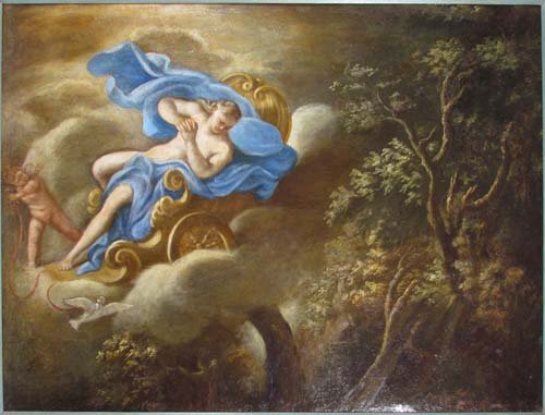 Chariot of Venus painting: S Chariot of Venus, late 18th or 19th Century oil on canvas 30 x 39 inches signed S. lower left Provenance: The Issacson Family Collection Wood frame with light gilding and scrolled decoration measuri