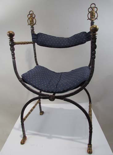 Oscar Bach Wrought Iron Chair: Artist: Bach, Oscar (German, 1884-1957) Title: O. Bach Custom Designed Hammered Wrought Iron Chair in the Renaissance Revival style Medium: iron and upholstery Dimensions: 41 x 24.75 x 17 inches Signa