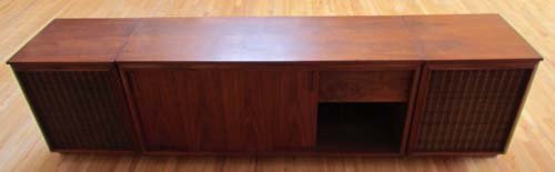 Barzilay stereo cabinet: Artist: Barzilay Title: Barzilay stereo cabinet with 2 matching speaker cabinets Medium: wood Dimensions: stereo cab: 28.75 x 58.75 x 18.75 inches; speakers: 28.75 x 22 x 18.75 inches Signature: Barz