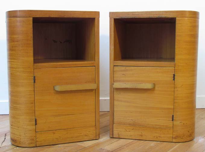 Matching Pair of Donald Deskey Night Stands 1930's: Artist: Deskey, Donald Title: Matching Pair of Donald Deskey Night Stands Date: c. 1930s Medium: bleached Mahogany Dimensions: 22 x 14 x 15 inches