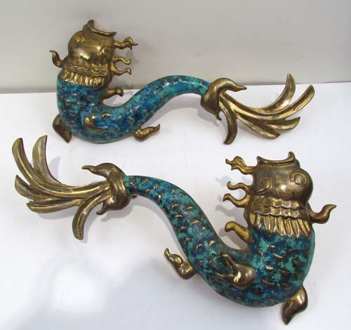Pair Pepe Mendoza large Fish Door Handles: Artist: Mendoza, Pepe (20th Century Mexican) Title: Pair of Fish Door Handles Date: late 50's or early 60's Medium: brass, ceramic Dimensions: 19 x 9 x 2 inches Signature: one marked with